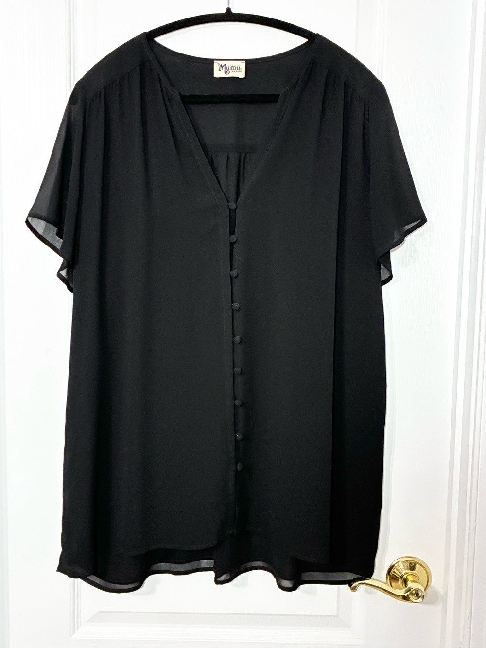 Show Me Your Mumu USA MADE Sheer Flutter Sleeve Button Front Tunic Top Black XL